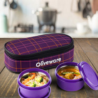 SOPL-OLIVEWARE Deniz Lunch Box, 2 Stainless Steel Containers (450 ml Each), Leak Proof & Microwave Safe, Insulated Fabric Bag, Full Meal & Easy to Carry (Voilet)
