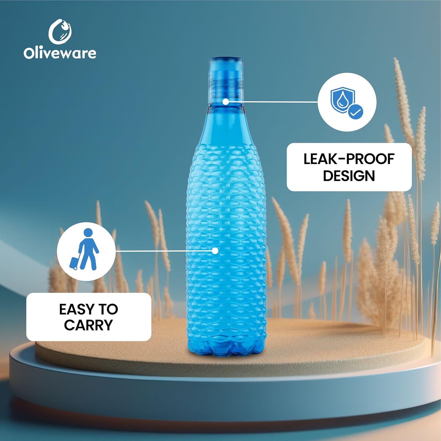 oliveware Premium Mosaic Range Plastic Water Bottle, 1L, Set of 6, Blue