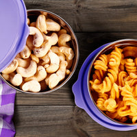 oliveware Elegant Storage Containers, 100% Leak Proof & Spill Proof, 2 Stainless Steel Containers with BPA free Airtight Lid (250 ml Each) - Voilet