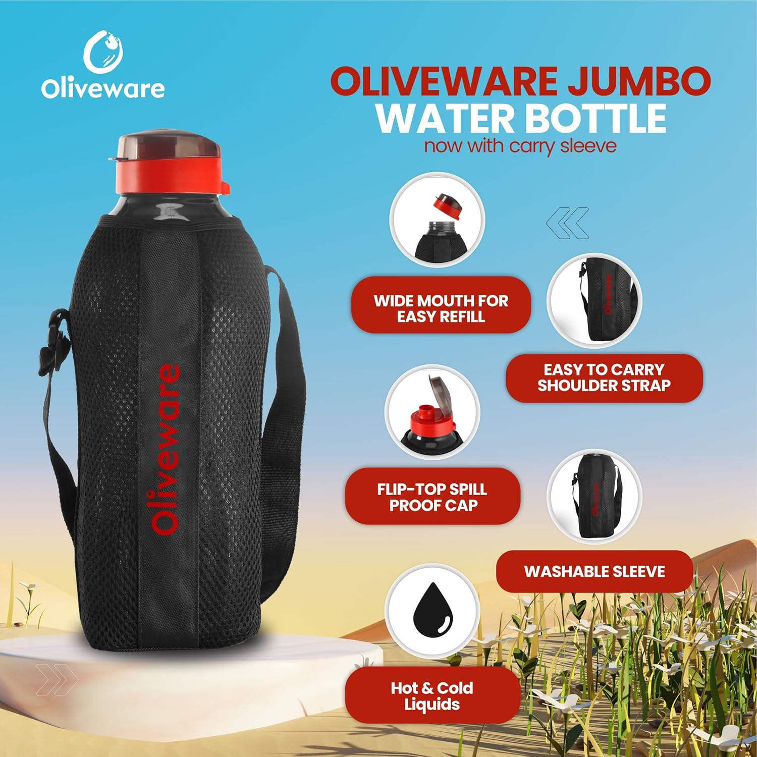 oliveware SOPL Jumbo Water Bottle With Washable Carry Sleeve, Shoulder Strap, 2 Litre Bottle, BPA Free & Leak Proof, Fits in Fridge, Pack of 1 (Black_Red)