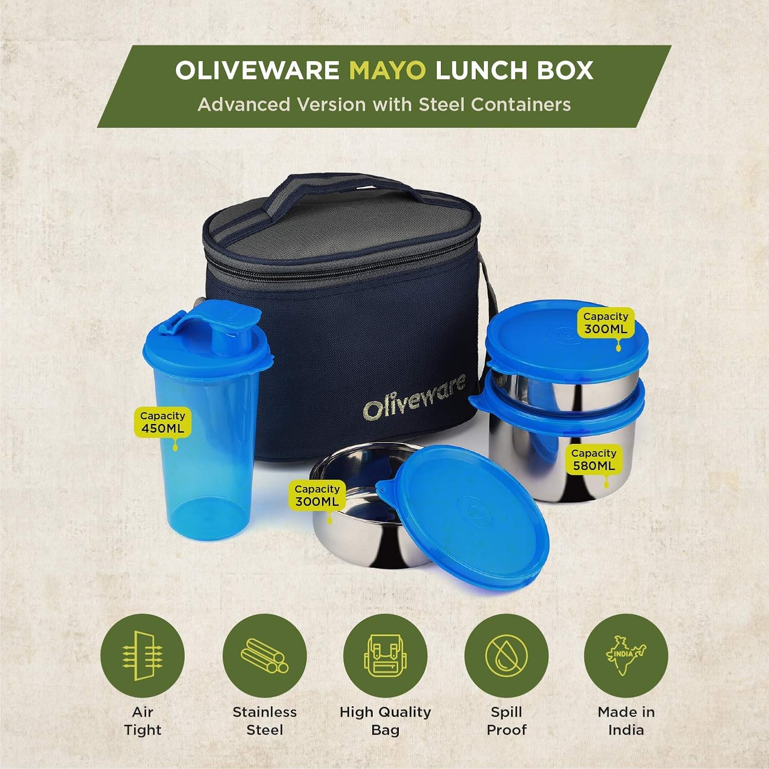 oliveware Mayo Lunch Box, 3 Stainless Steel Containers with Plastic Sipper (300ml, 300ml, 580ml & 450ml), Leak Proof, Insulated Fabric Bag - Blue