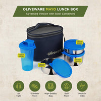 oliveware Mayo Lunch Box, 3 Stainless Steel Containers with Plastic Sipper (300ml, 300ml, 580ml & 450ml), Leak Proof, Insulated Fabric Bag - Blue