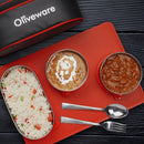 SOPL-OLIVEWARE Sophia Lunch Box, Spoon & Fork, 100% Leak Proof, 3 Stainless Steel Container with BPA Free Lids (550ml, 350ml & 350ml), Fabric Bag - Red