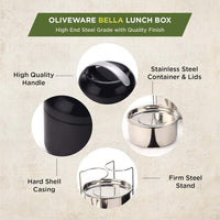 oliveware Bella Lunch Box, 3 Stainless Steel Containers 300ml Each, Insulated Body with Carry Handle, Leak Proof, Complete Meal Hot Case (Black)