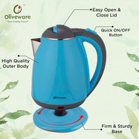Elegant Electric Kettle by Oliveware, 1.8 litre, 360 degree Rotation, Heat Protection Handle, Automatic Power off - (Blue, 1800 ml)