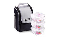 SOPL-OLIVEWARE Duke Glassware Lunchbox, Borosilicate Glass & Microwave Proof, Safety Lock Airtight Lid, 3 Container with 320ml Each - Black