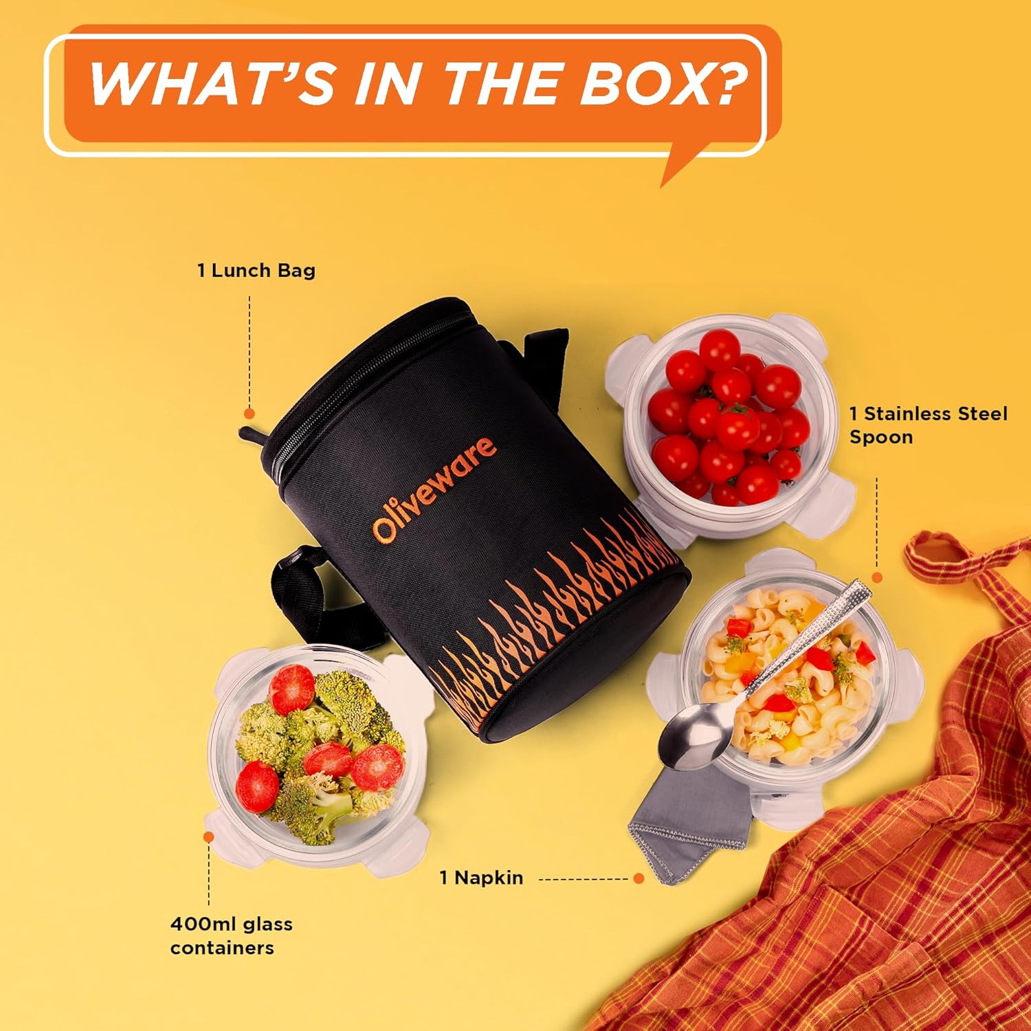 SOPL-OLIVEWARE Dazzle Glassware Round Lunchbox | with Napkin & Steel Spoon | Borosilicate Glass | Microwave Proof | Set of 3 (400ml)