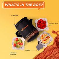 SOPL-OLIVEWARE Dazzle Glassware Round Lunchbox | with Napkin & Steel Spoon | Borosilicate Glass | Microwave Proof | Set of 3 (400ml)