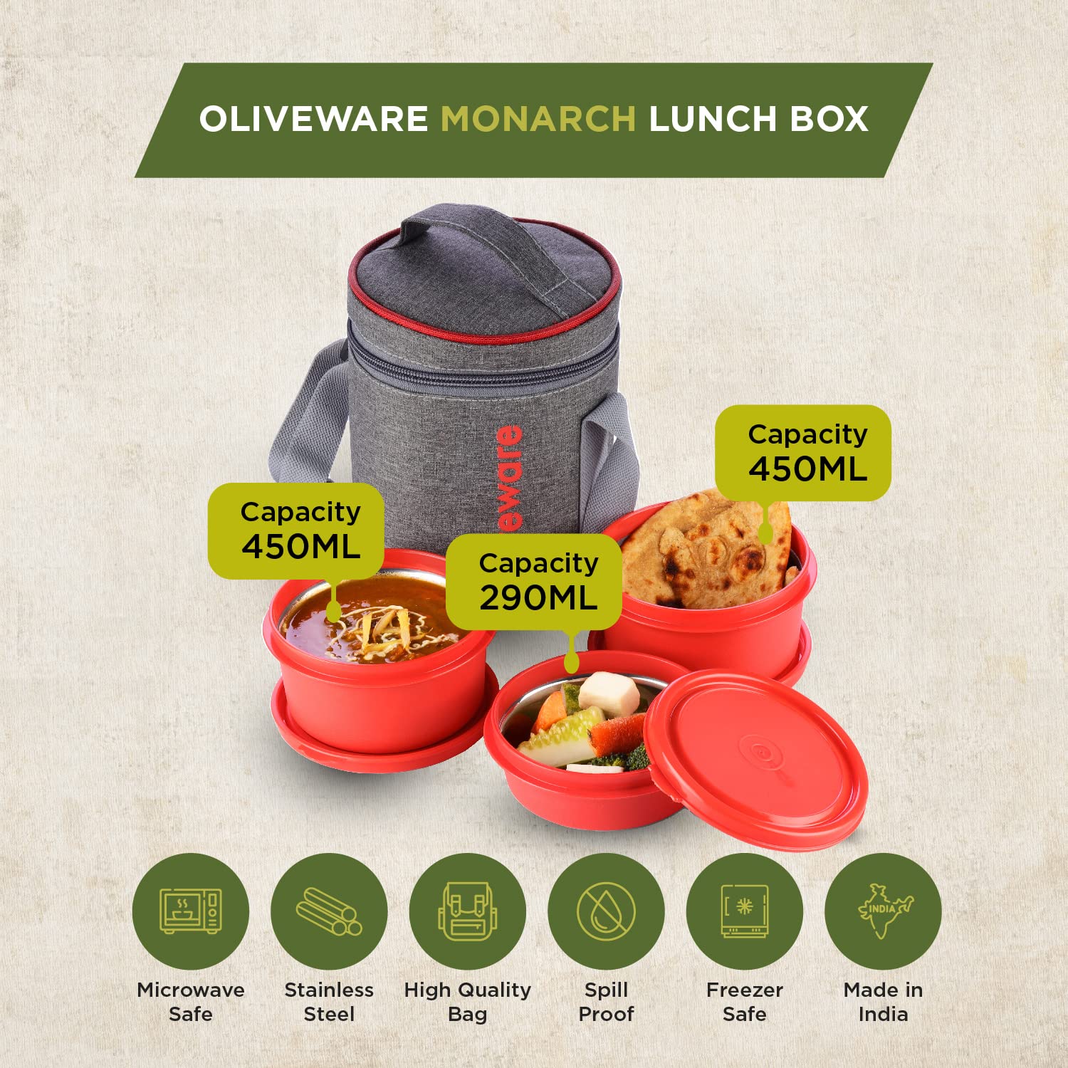 SOPL-OLIVEWARE Monarch Lunch Box, Microwave Safe & Leak Proof, 3 Inside Steel Containers with BPA Free Airtight Lids (290ml, 450ml & 450ml), Fabric Bag - Red