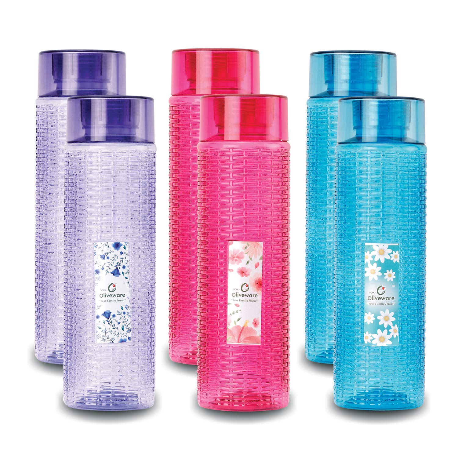 oliveware Round Water Bottle, BPA Free & 100% Leak Proof, 1 Litre Bottle, Better Grip, for Home & Office Use, Set of 6 - Multi