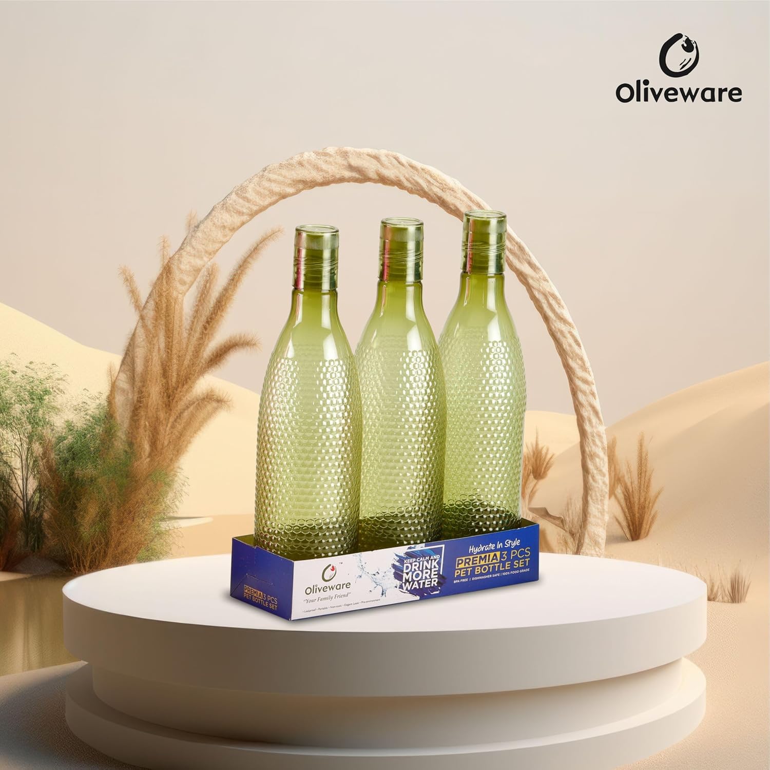 oliveware Honeycomb Design Premium PET Water Bottle With Better Grip, BPA Free & 100% Leak Proof, 1 Litre Bottle, For Home & Office Use, Pack of 6 - Multi