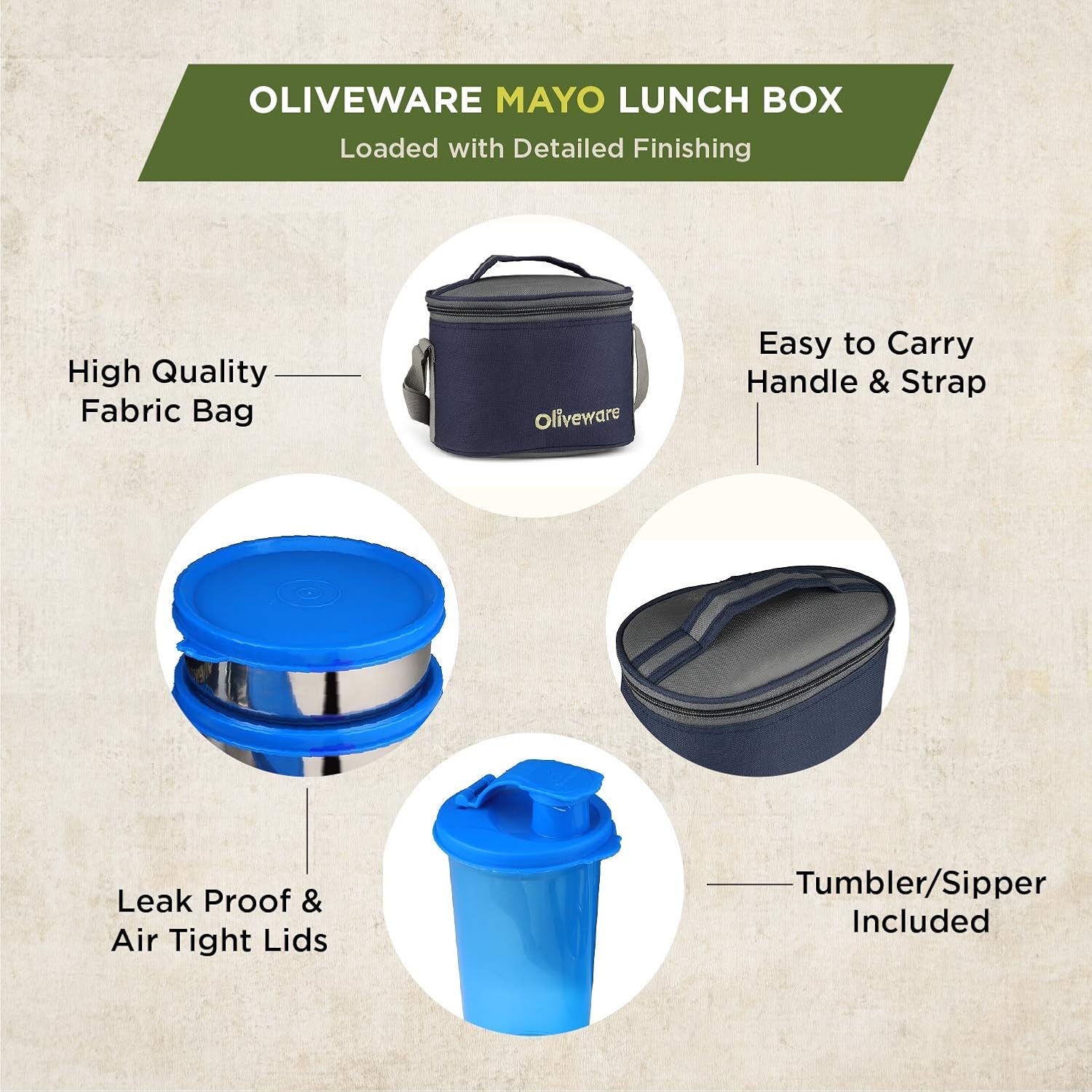 oliveware Mayo Lunch Box, 3 Stainless Steel Containers with Plastic Sipper (300ml, 300ml, 580ml & 450ml), Leak Proof, Insulated Fabric Bag - Blue