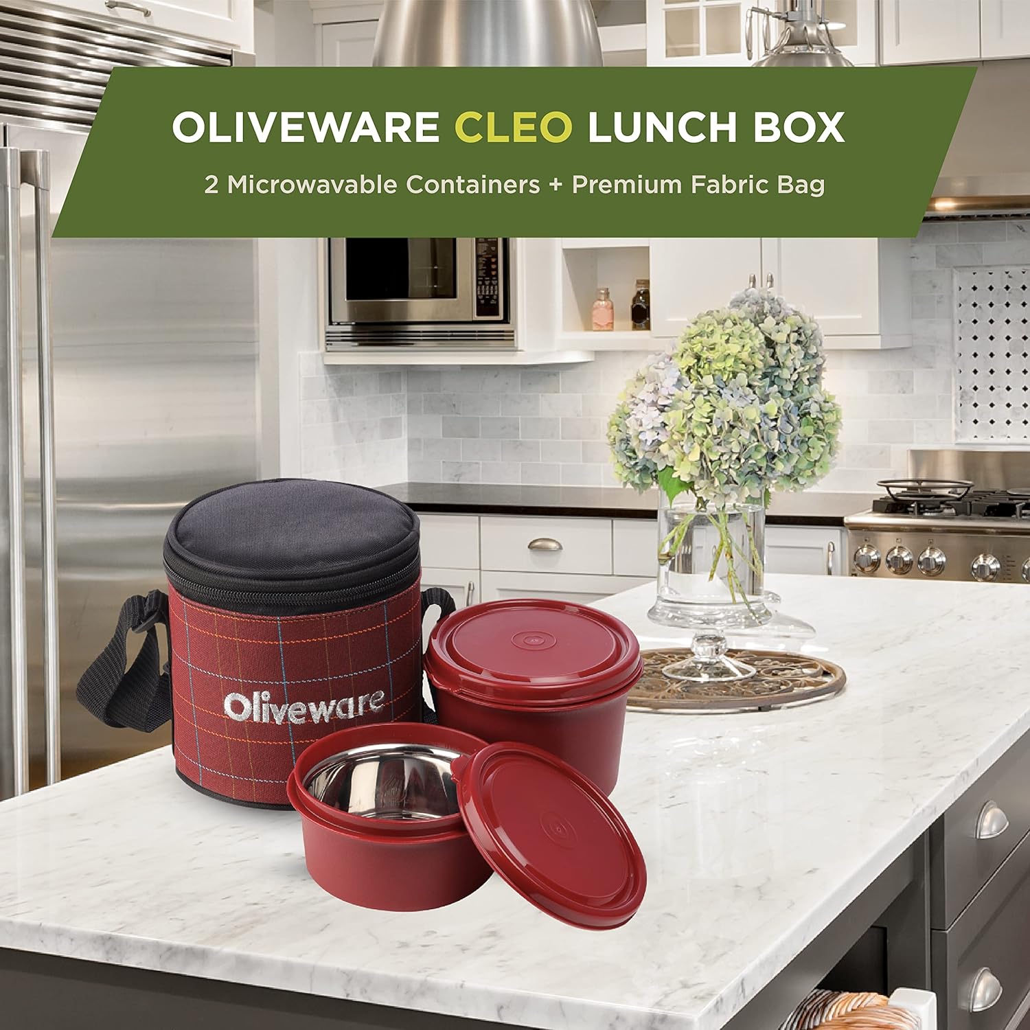 SOPL-OLIVEWARE Cleo Lunch Box, Microwave Safe & Leak Proof, 2 Inner Steel Containers with BPA Free Airtight Lids (450ml & 600ml), Fabric Bag - Red