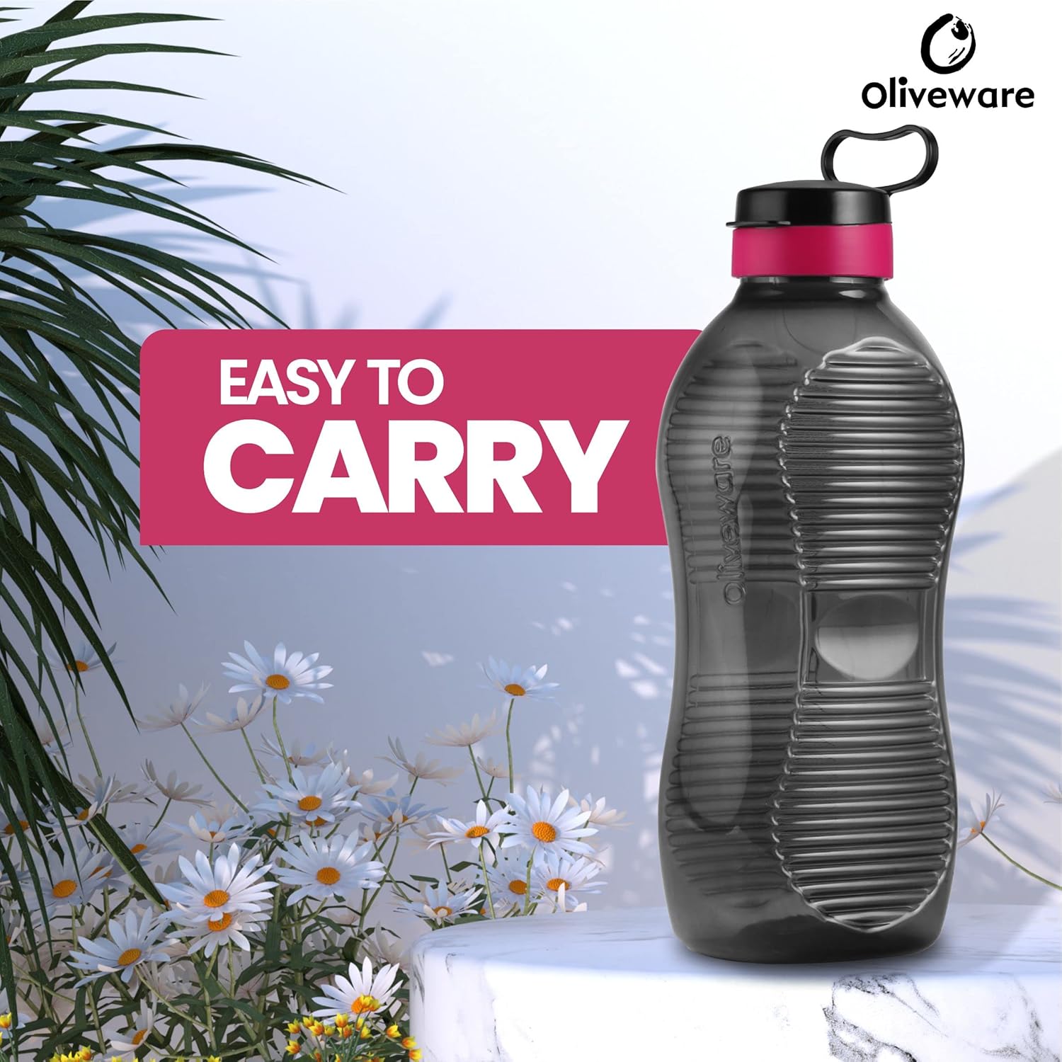 Oliveware King 2 Litre Water Bottle | For Home, Office & Gym | 2000 ML Jumbo Size | Sturdy with Holder | BPA Free Premium Bottle | Best Big 2L Bottle - Black Pink