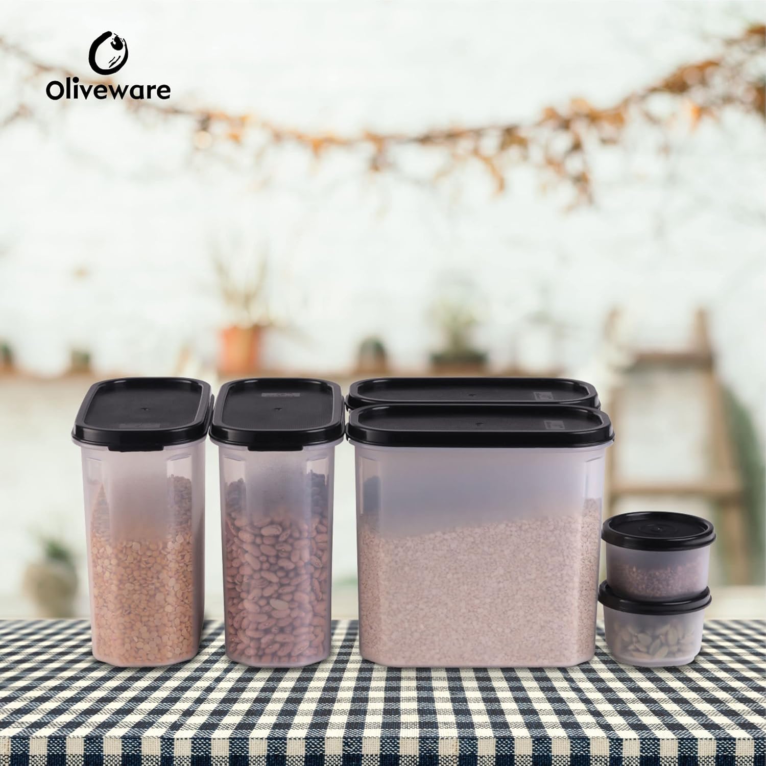 Oliveware Modular Storage Containers, BPA Free, For Pulses, Rice, Dal, Atta & Flour, Set of 6 (4x1800ml, 2x180ml) - Black