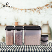 Oliveware Modular Storage Containers, BPA Free, For Pulses, Rice, Dal, Atta & Flour, Set of 6 (4x1800ml, 2x180ml) - Black
