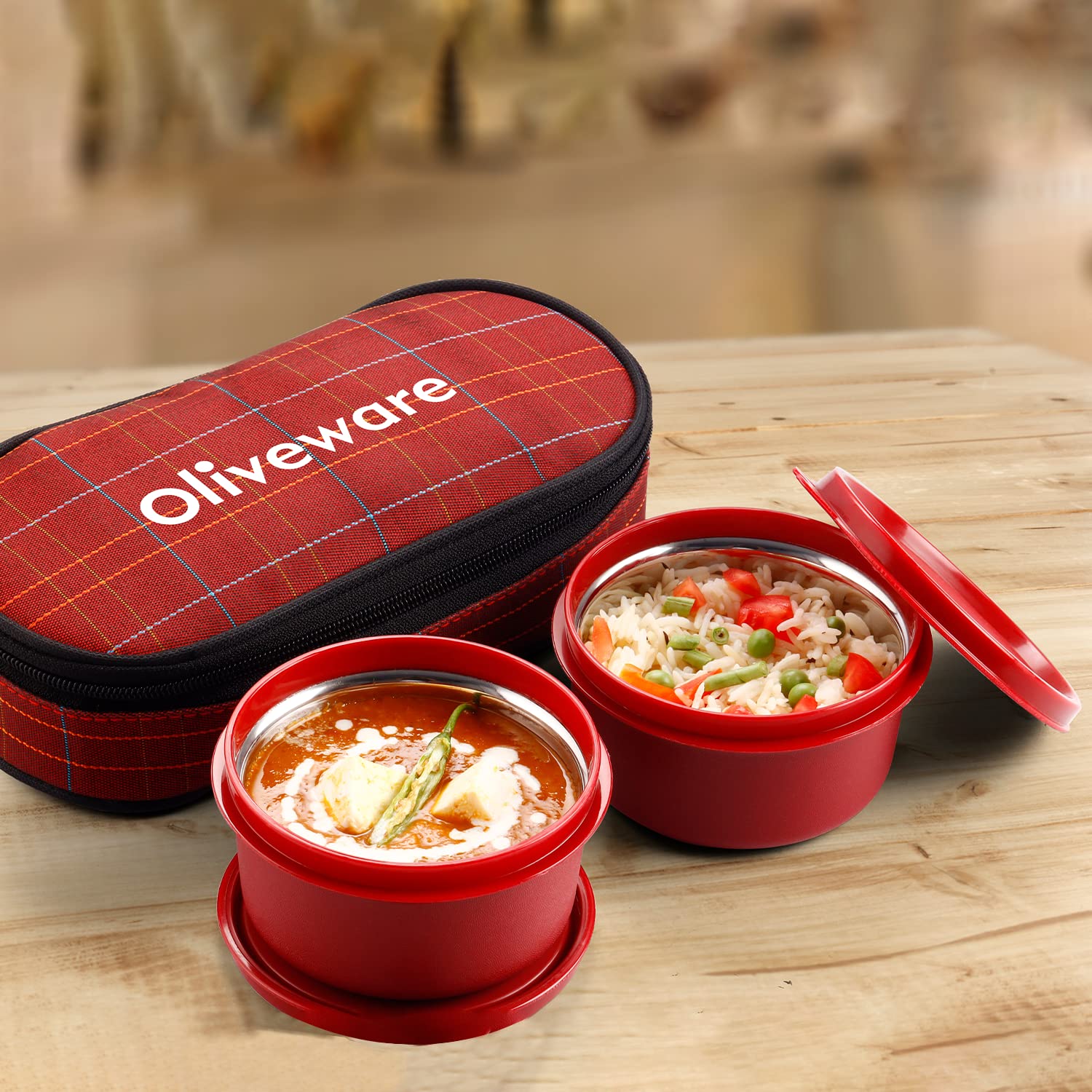 SOPL-OLIVEWARE Deniz Lunch Box, 2 Stainless Steel Containers (450 ml Each), Leak Proof & Microwave Safe, Insulated Fabric Bag, Full Meal & Easy to Carry (Red)