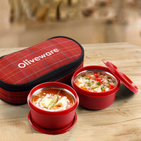 SOPL-OLIVEWARE Deniz Lunch Box, 2 Stainless Steel Containers (450 ml Each), Leak Proof & Microwave Safe, Insulated Fabric Bag, Full Meal & Easy to Carry (Red)