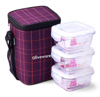 SOPL-OLIVEWARE Spyker Glassware Square Lunchbox, Borosilicate Glass Containers, Microwave Safe & Leak Proof, 3 Containers with BPA Free Lids (320ml) Each - Voilet