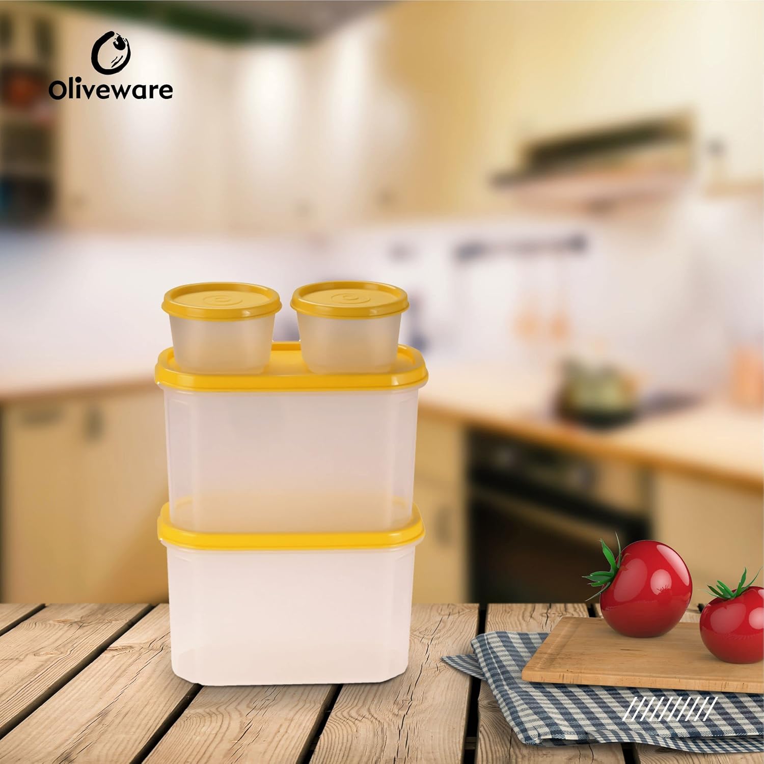 Oliveware Modular Storage Containers, BPA Free, For Pulses, Rice, Dal, Atta & Flour, Set of 4 (2x1800ml, 2x180ml) - Yellow