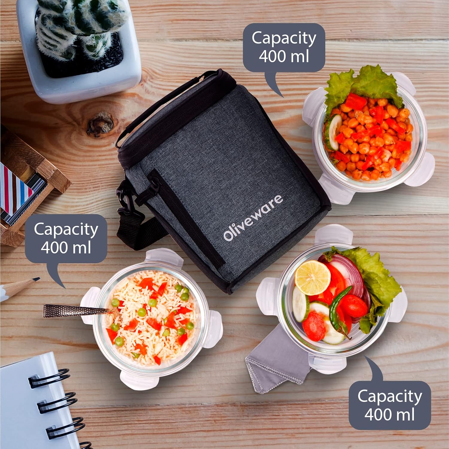 SOPL-OLIVEWARE Grace Glassware Round Lunchbox, Napkin & Steel Spoon, Borosilicate Glass & Microwave Proof, Set of 3 (400ml) - Grey