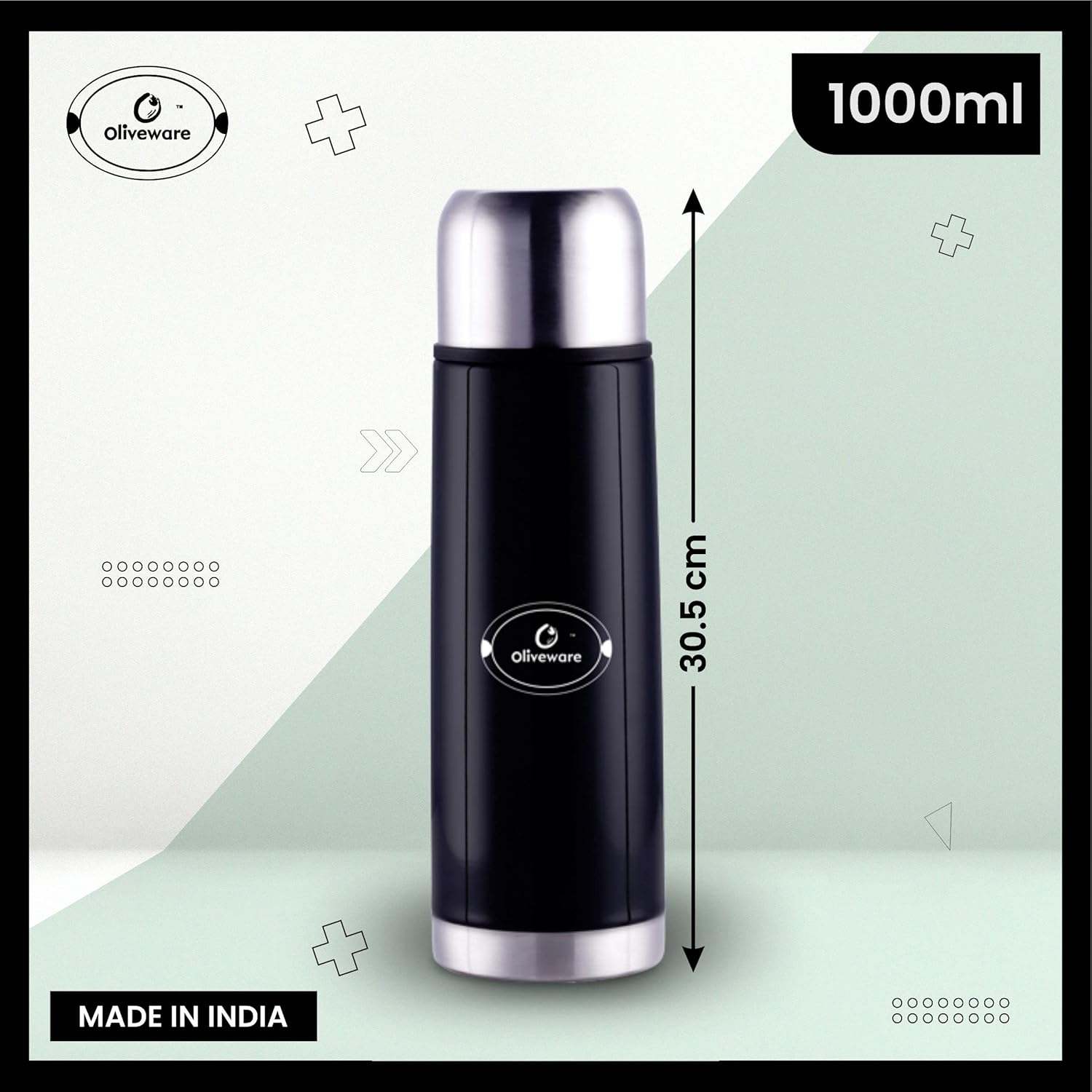 SOPL-OLIVEWARE Era Vacuum Double Wall Bottle, Stainless Steel (1000ml), Hot & Cold, Insulated Bottle, Fit for Indoor & Outdoors - Black