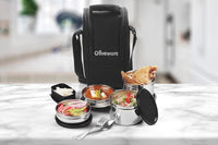 SOPL-OLIVEWARE Executive Lunch Box, 100% Leak Proof, 4 Stainless Steel Containers with BPA Free Lids (2x300ml & 2x600ml), Plastic Pickle Box (130ml), Steel Cutlery, Fabric Bag - Black
