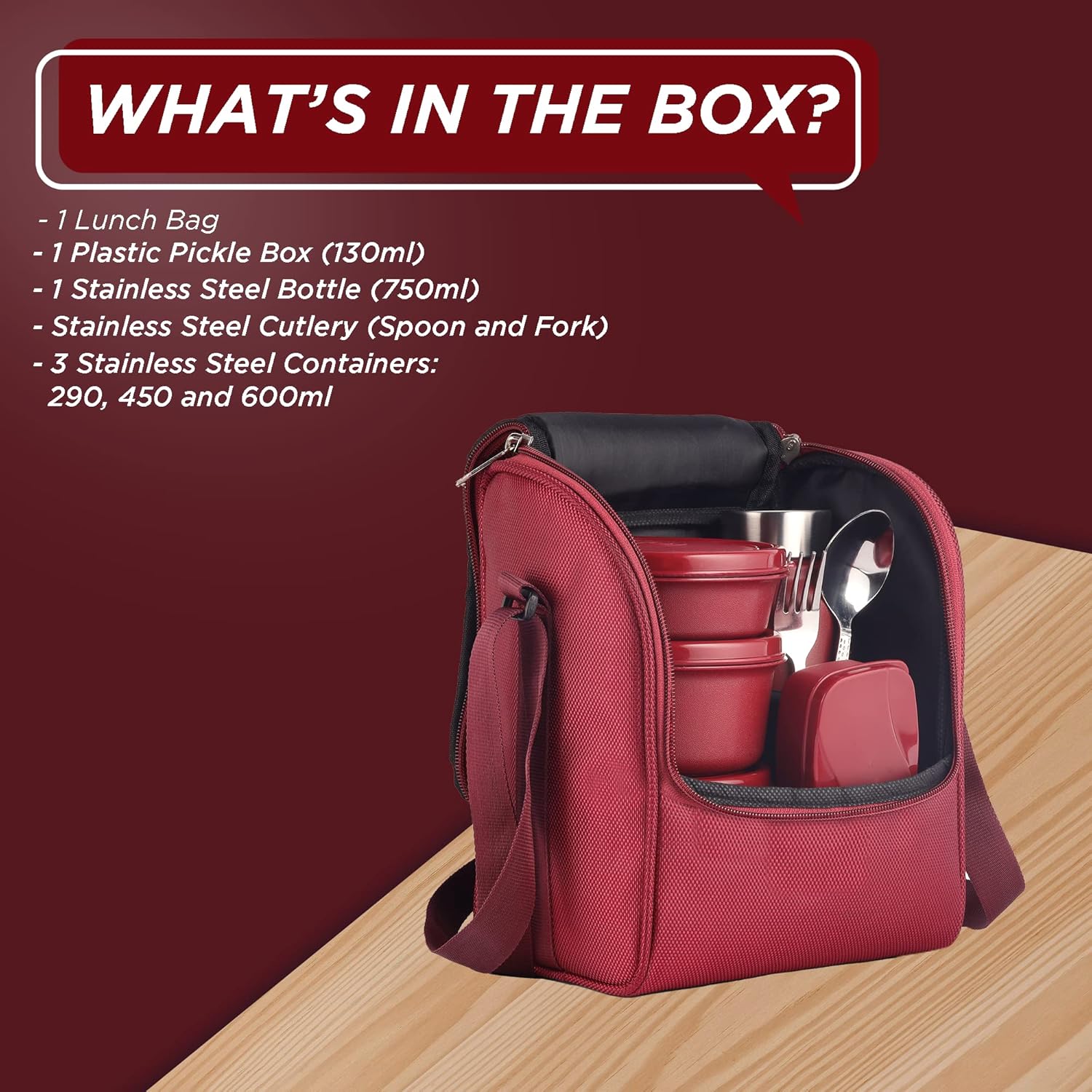 SOPL-OLIVEWARE Teso Pro Elite Lunch Box with Steel Cutlery, BPA free Lids, 3 Microwave Safe Inside Steel Containers(290ml, 450ml & 600ml), Plastic Pickle Box (130ml), Steel Water Bottle(750ml) -Maroon