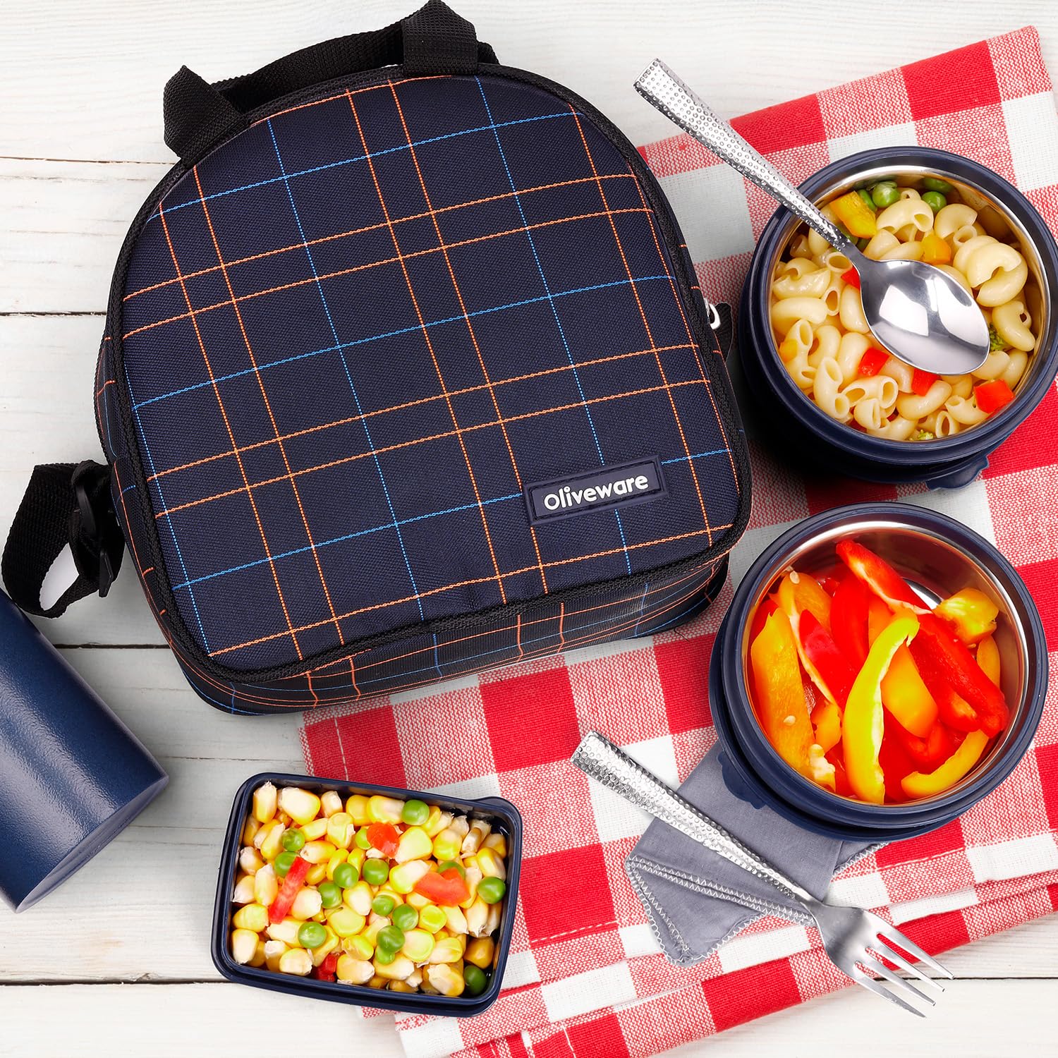 Oliveware Octavia Lunchbox, Microwave & Freezer Safe, 2 Inside Steel containers (2x450ml), Plastic Pickle Box (130ml), Steel Bottle(450ml), Steel Cutlery & Napkin, Fabric Bag - Blue