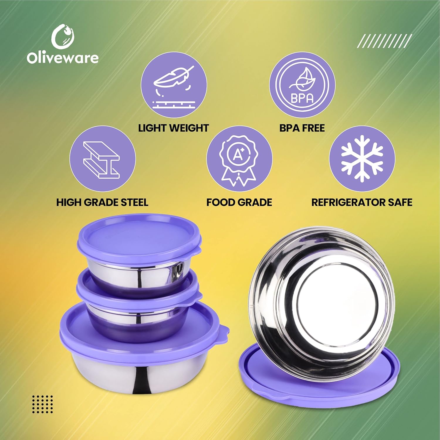 oliveware Elegant Combo Storage Containers, 100% Leak Proof and Dishwasher Safe, 4 Stainless Steel Containers with BPA Free Lid (2x450ml & 2x250ml) - Voilet