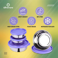 oliveware Elegant Combo Storage Containers, 100% Leak Proof and Dishwasher Safe, 4 Stainless Steel Containers with BPA Free Lid (2x450ml & 2x250ml) - Voilet