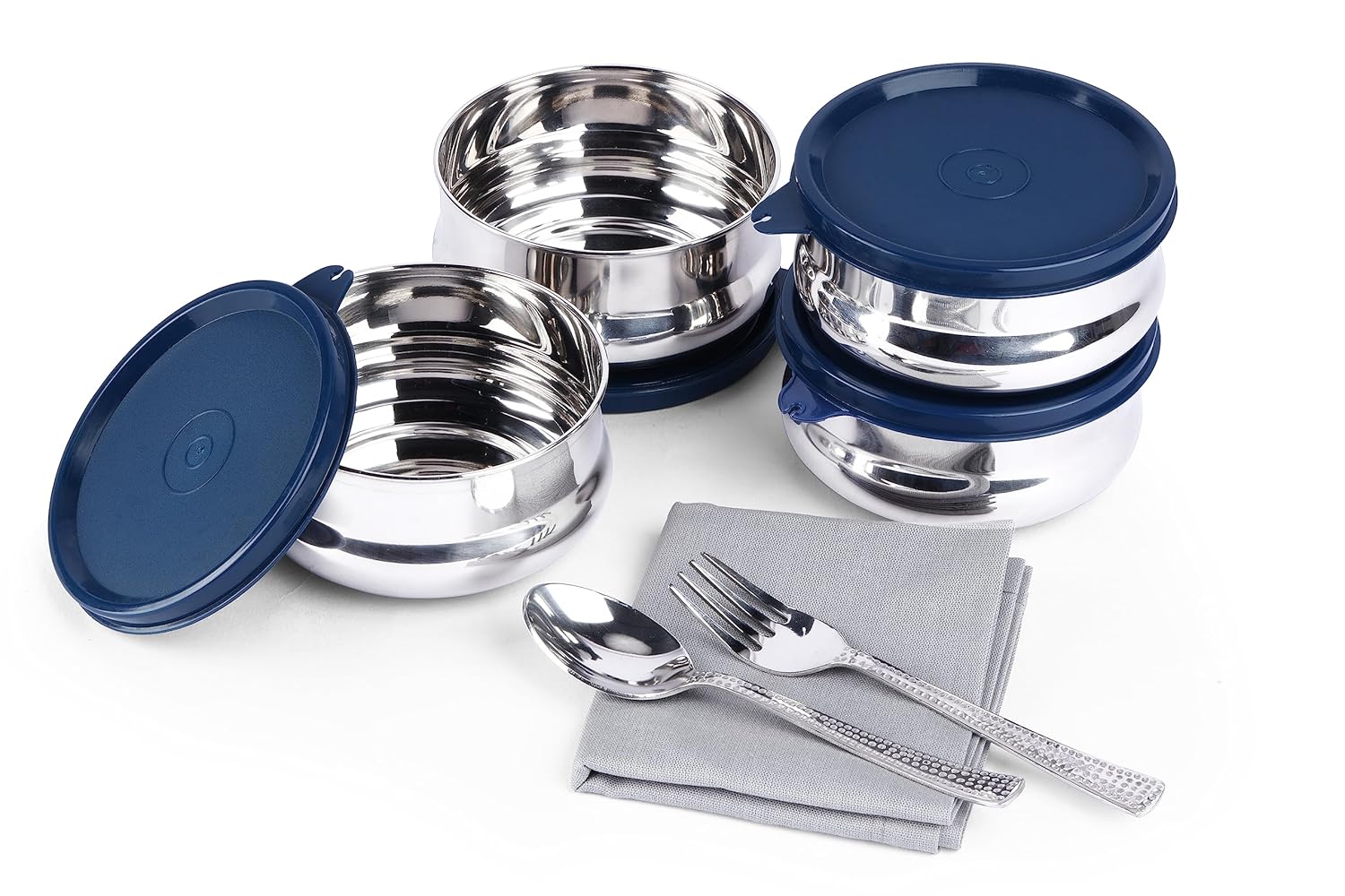 SOPL-OLIVEWARE Compact Lunch Box, 100% Leak Proof, 4 Stainless Steel Containers with BPA Free Lids (450ml) Each, Napkin & Steel Cutlery, Fabric Bag - Blue