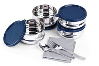 SOPL-OLIVEWARE Compact Lunch Box, 100% Leak Proof, 4 Stainless Steel Containers with BPA Free Lids (450ml) Each, Napkin & Steel Cutlery, Fabric Bag - Blue