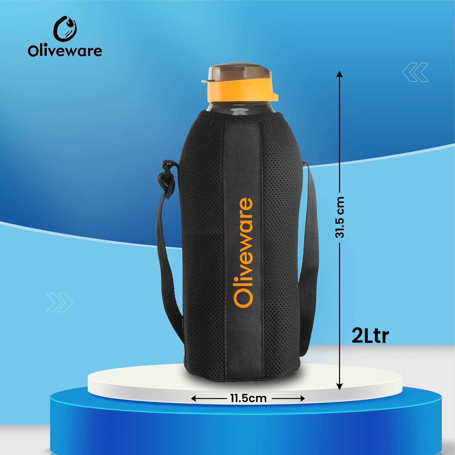 Oliveware Jumbo Water Bottle with Washable Carry Sleeve Shoulder Strap Bag, BPA Free & Leak Proof, Stretchable Sleeve Fits in Fridge (Black - Yellow, 2 L)