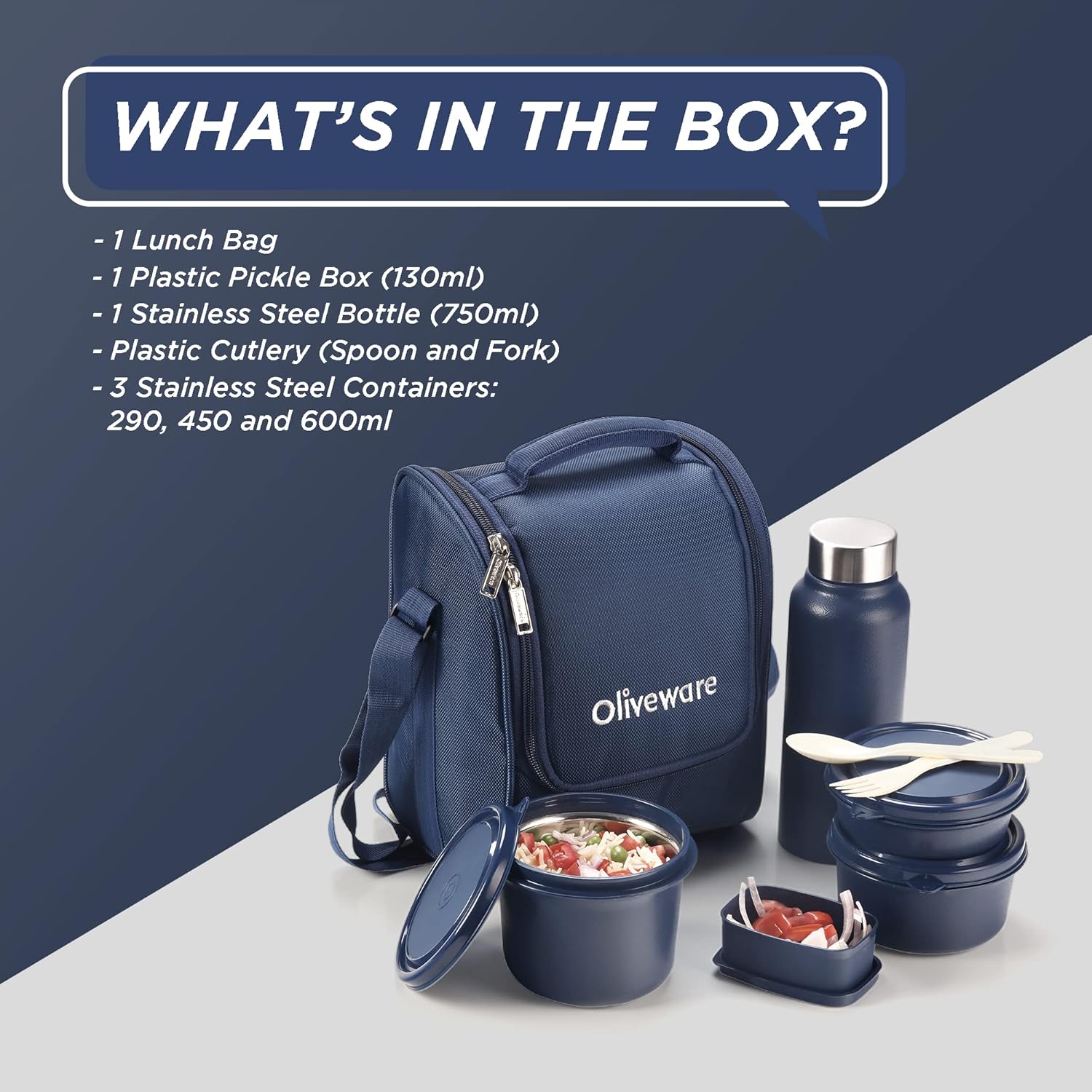 SOPL-OLIVEWARE Teso Elite Pro Lunch Box with Steel Cutlery, BPA free Lids, 3 Microwave Safe Inside Steel Containers (290ml, 450ml & 600ml), Plastic Pickle Box (130ml), Steel Water Bottle(750ml) - Blue