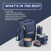 SOPL-OLIVEWARE Teso Elite Pro Lunch Box with Steel Cutlery, BPA free Lids, 3 Microwave Safe Inside Steel Containers (290ml, 450ml & 600ml), Plastic Pickle Box (130ml), Steel Water Bottle(750ml) - Blue