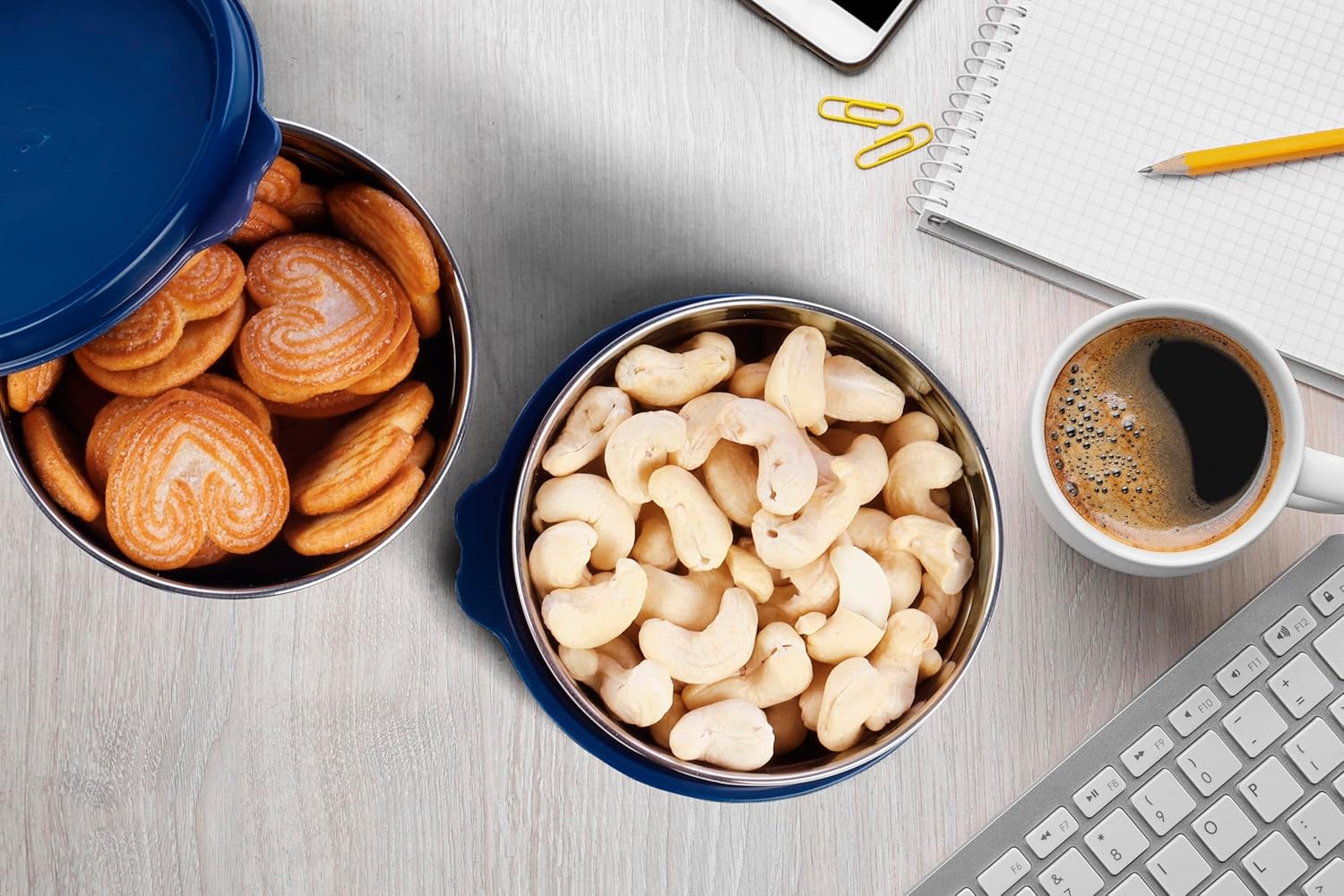 oliveware with Device Elegant Storage Containers, 100% Leak Proof & Spill Proof, 2 Stainless Steel Containers with BPA free Airtight Lid (250 ml Each) - Blue