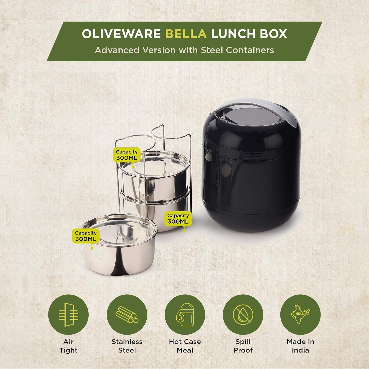 oliveware Bella Lunch Box, 3 Stainless Steel Containers 300ml Each, Insulated Body with Carry Handle, Leak Proof, Complete Meal Hot Case (Black)