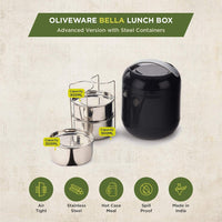 oliveware Bella Lunch Box, 3 Stainless Steel Containers 300ml Each, Insulated Body with Carry Handle, Leak Proof, Complete Meal Hot Case (Black)