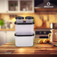 Oliveware Modular Storage Containers, BPA Free, For Pulses, Rice, Dal, Atta & Flour, Set of 4 (2x1800ml, 2x180ml) - Black