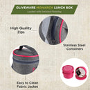 Oliveware Monarch Lunch Box, Microwave Safe & Leak Proof, 3 Inside Steel Containers with BPA Free Airtight Lids (290ml, 450ml & 450ml), Fabric Bag - Pink