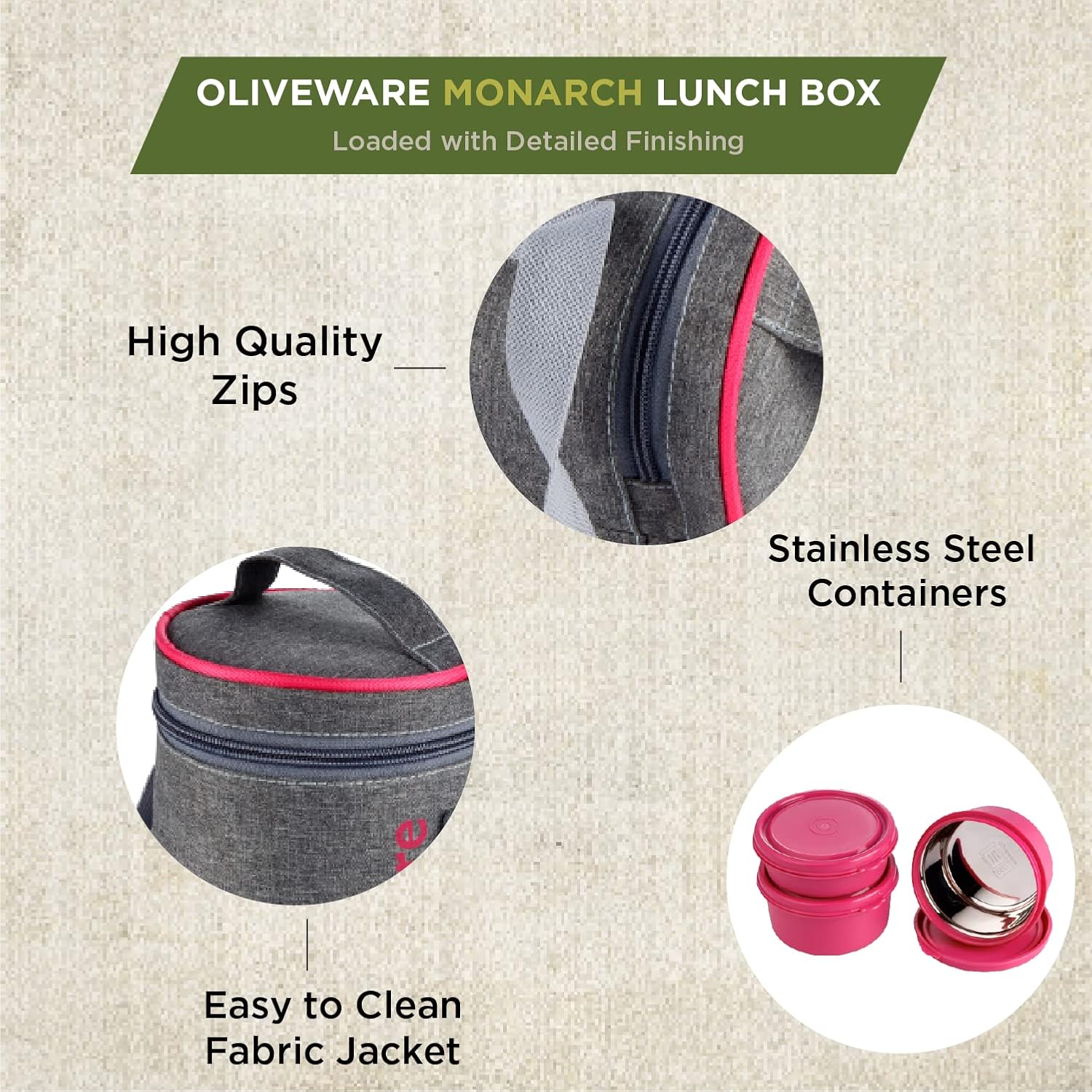 Oliveware Monarch Lunch Box, Microwave Safe & Leak Proof, 3 Inside Steel Containers with BPA Free Airtight Lids (290ml, 450ml & 450ml), Fabric Bag - Pink
