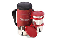 SOPL-OLIVEWARE Mega Lunch Box, 100% Leak Proof, 4 Stainless Steel Containers with BPA Free Airtight Lids (300ml, 450ml, 2x600ml), Fabric Bag - Red