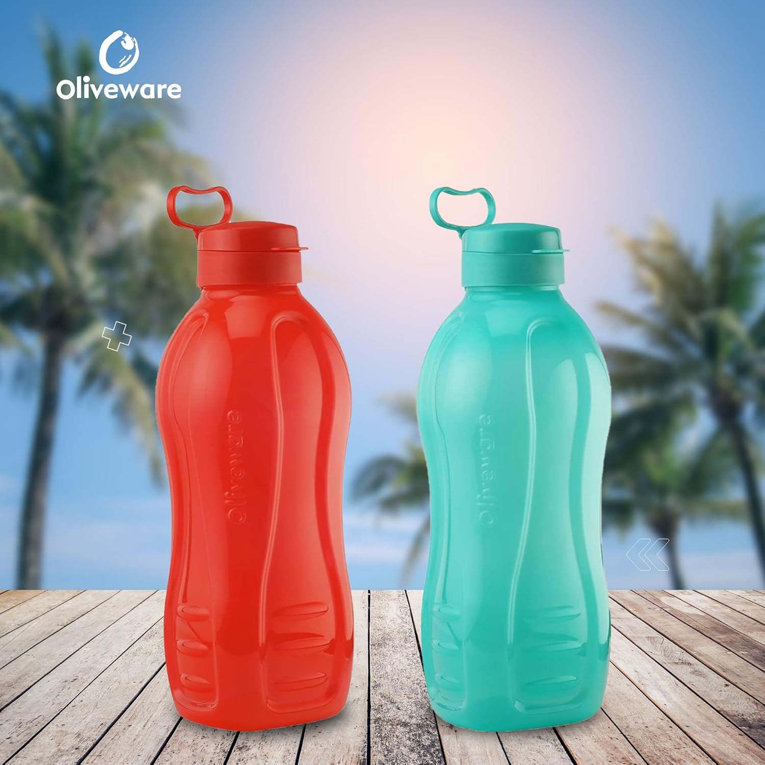 oliveware Jumbo 2 Litre Water Bottle, 100% Leak Proof, BPA Free Premium Plastic Bottle, for Home, Office & Gym, Sturdy with Holder, Pack of 2 (Red & Blue)