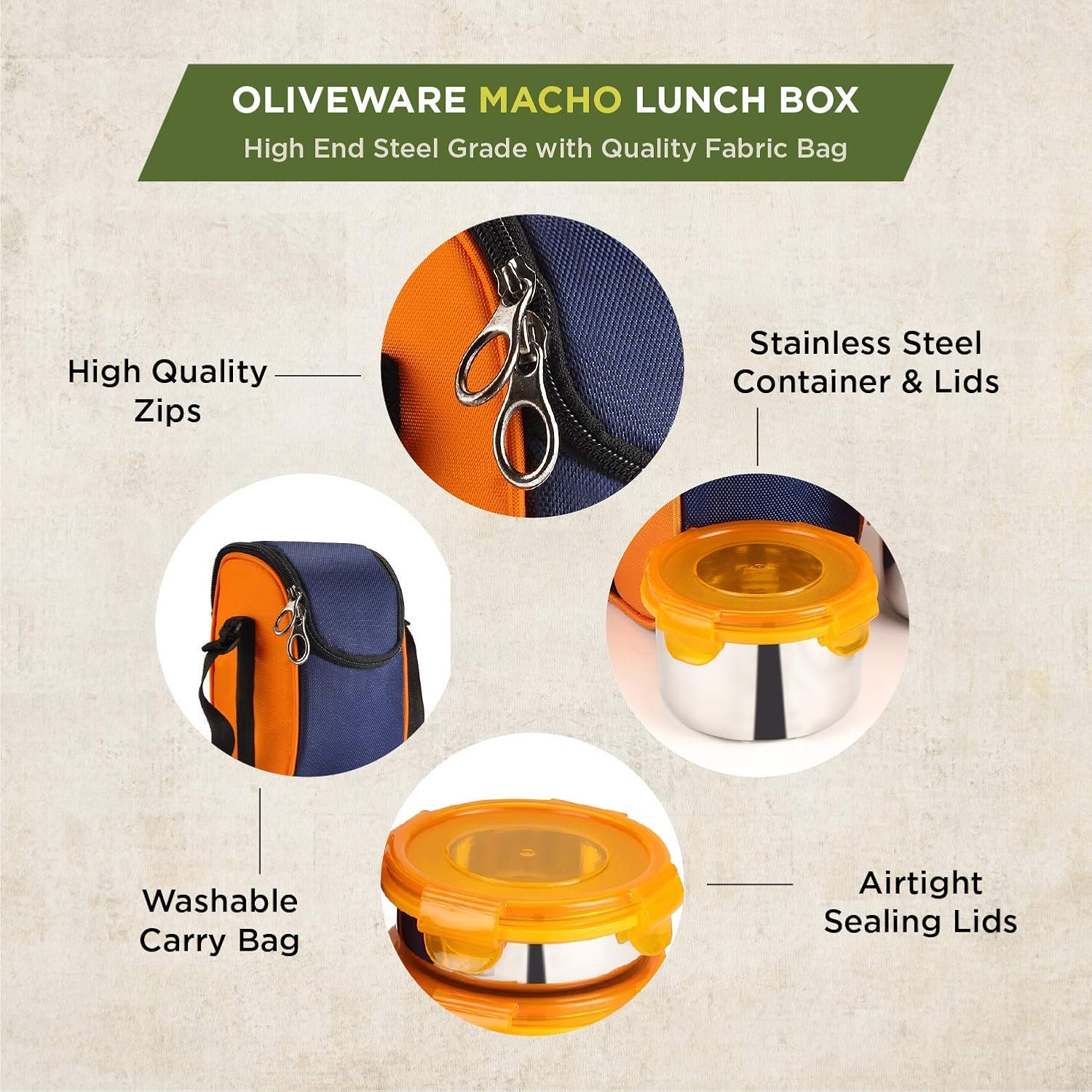 oliveware Macho Stainless Steel Range Lunch Box, 100% Leak Proof, 3 Air-Tight Containers with BPA Free Airtight Lids (250ml, 400ml & 450ml), Fabric Bag - Blue