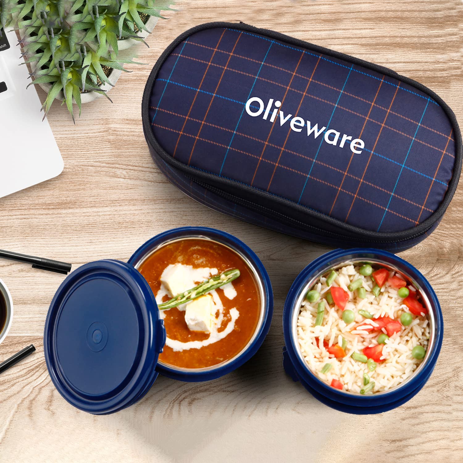 SOPL-OLIVEWARE Deniz Lunch Box, 2 Stainless Steel Containers (450 ml Each), Leak Proof & Microwave Safe, Insulated Fabric Bag, Full Meal & Easy to Carry (Blue)