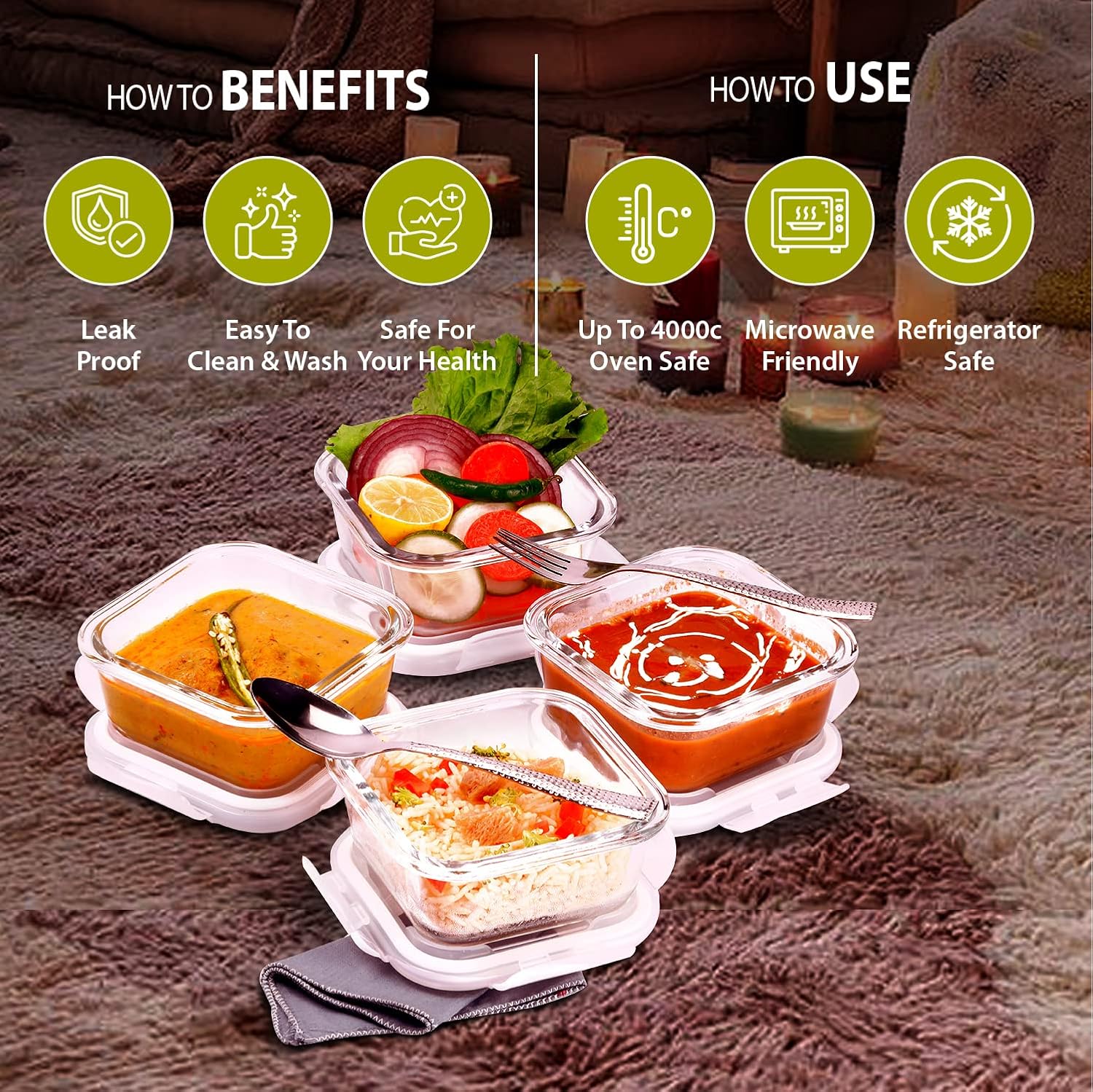 SOPL-OLIVEWARE Elite Glassware Sqaure Lunchbox, Napkin & Steel Cutlery, Borosilicate Glass & Microwave Proof, 4 Cointainer with 320ml Each - Grey