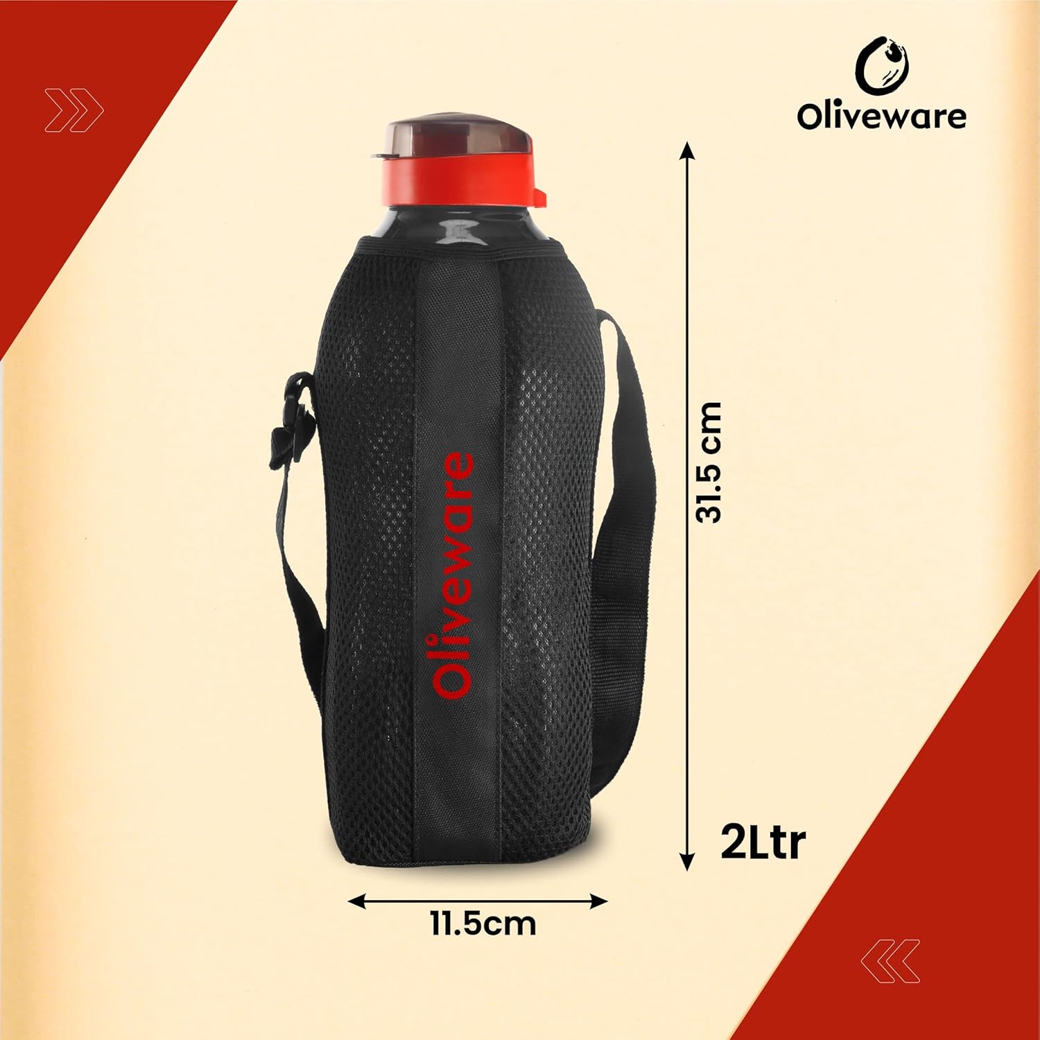 oliveware SOPL Jumbo Water Bottle With Washable Carry Sleeve, Shoulder Strap, 2 Litre Bottle, BPA Free & Leak Proof, Fits in Fridge, Pack of 1 (Black_Red)