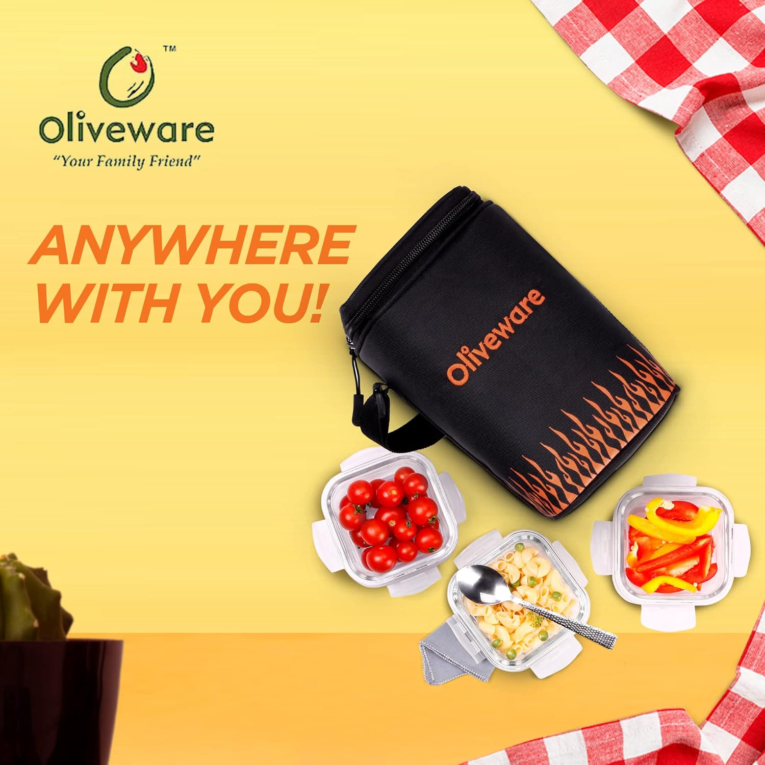 SOPL-OLIVEWARE Pablo Glassware Lunchbox, Napkin & Steel Spoon, Borosilicate Glass & Microwave Proof, 3 Container (320ml), Safety Lock Airtight Square Tiffin Storage Container- Blk_Org