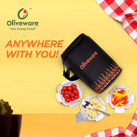 SOPL-OLIVEWARE Pablo Glassware Lunchbox, Napkin & Steel Spoon, Borosilicate Glass & Microwave Proof, 3 Container (320ml), Safety Lock Airtight Square Tiffin Storage Container- Blk_Org